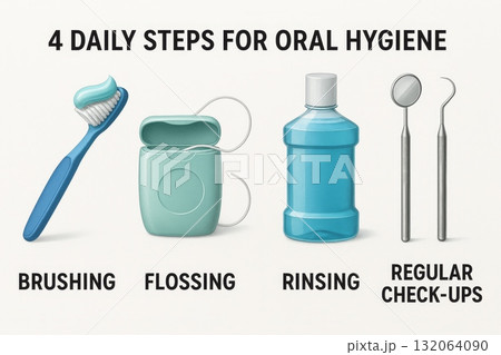 Illustration of four daily oral hygiene steps with toothbrush floss mouthwash and dental tools on white background. 132064090