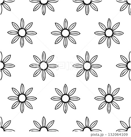 Monochrome floral pattern featuring simple daisy-like flowers on a white background 132064109