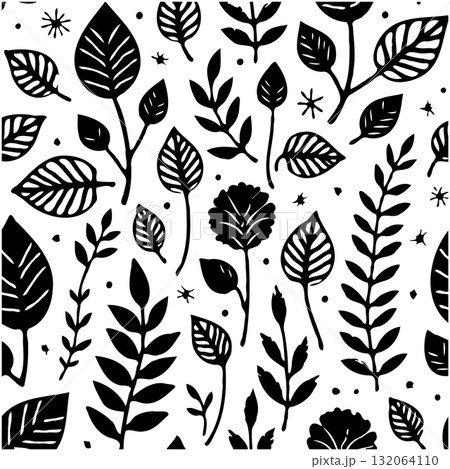 Elegant botanical seamless pattern featuring various leaves and floral elements in monochrome Elegant botanical seamless pattern featuring various leaves and floral elements in monochrome 132064110