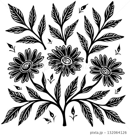 Elegant Botanical Illustration of Flowers and Leaves in a Monochrome Palette 132064126