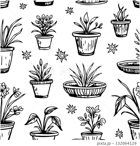 Hand-Drawn Potted Plants Seamless Pattern for Botanical Home Decor and Gardening Projects 132064129