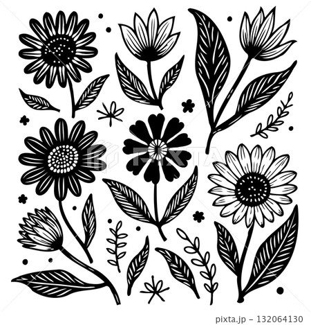 Elegant floral arrangement with hand-drawn flowers and leaves in black and white design 132064130