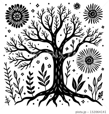 Hand-drawn tree of life illustration with floral elements symbolizing growth and connection Hand-drawn tree of life illustration with floral elements symbolizing growth and connection 132064141