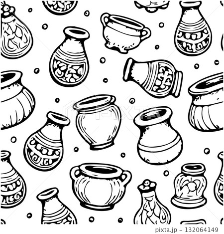 Seamless pattern of hand-drawn antique vases and pots illustration backdrop Seamless pattern of hand-drawn antique vases and pots illustration backdrop 132064149