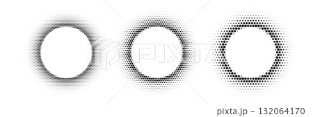 Black dotted round patterns. Golden frames with halftone effect. Abstract shining circle background with light glow elements. Modern futuristic graphic vector illustration set isolated on white Black dotted round patterns. Golden frames with halftone effect. Abstract shining circle background with light glow elements. Modern futuristic graphic vector illustration set isolated on white 132064170