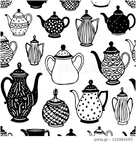 Elegant Teapot Collection: Seamless Pattern Design with Intricate Details and Vintage Charm Elegant Teapot Collection: Seamless Pattern Design with Intricate Details and Vintage Charm 132064203