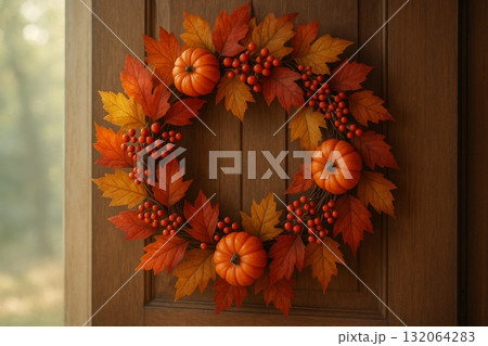 Autumn wreath with pumpkins, colorful leaves, and red berries on wooden door, perfect for seasonal decoration. 132064283