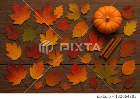 Autumn leaves, pumpkin, and cinnamon sticks on wooden background, seasonal decoration for fall. 132064285
