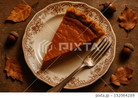 Slice of pumpkin pie on vintage plate with fork, autumn leaves and acorns on wooden table, fall dessert concept. 132064289