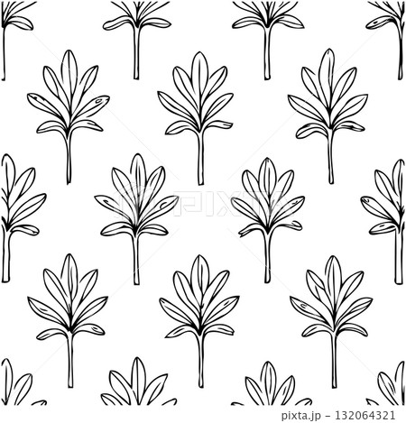 Elegant Botanical Seamless Pattern with Hand-Drawn Leaves on White Background 132064321