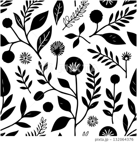 Seamless botanical pattern in black and white showcasing diverse floral elements design Seamless botanical pattern in black and white showcasing diverse floral elements design 132064376
