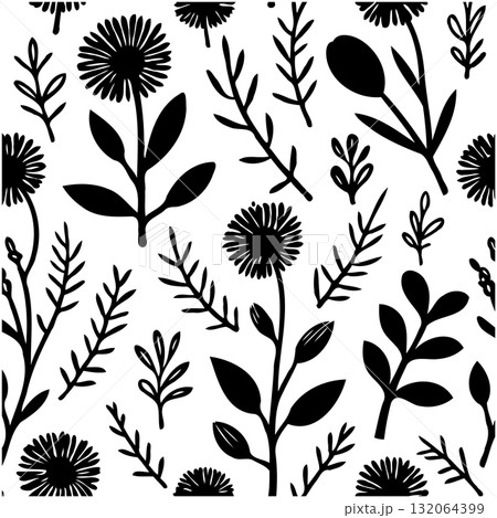 Seamless floral pattern with various stylized plants and flowers on white background Seamless floral pattern with various stylized plants and flowers on white background 132064399