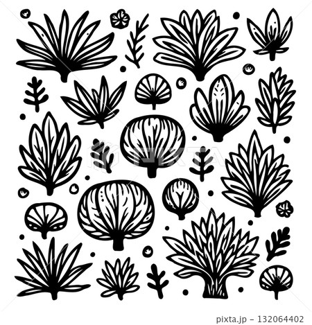 Diverse hand-drawn botanical foliage arrangement perfect for natural and whimsical designs Diverse hand-drawn botanical foliage arrangement perfect for natural and whimsical designs 132064402