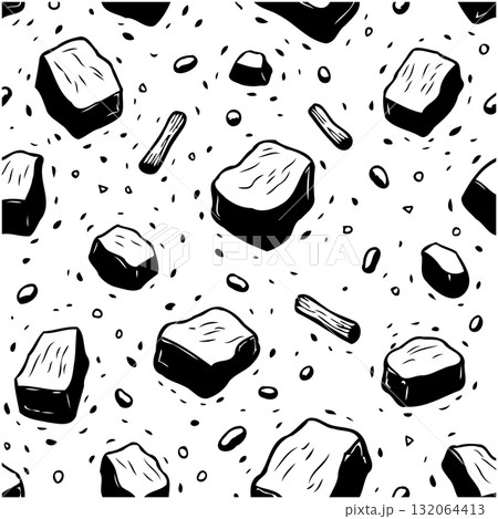 Seamless vector pattern featuring stylized rocks and pebbles on a white background 132064413