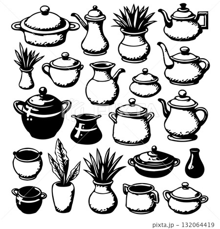Collection of Hand-Drawn Kitchenware and Home Decor Illustrations on White Background Collection of Hand-Drawn Kitchenware and Home Decor Illustrations on White Background 132064419
