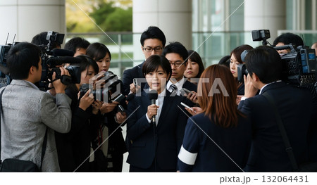男性を囲む報道陣 男性を囲む報道陣 132064431