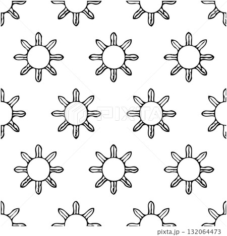 Monochrome sun motif repeat pattern design with simple hand drawn shapes 132064473