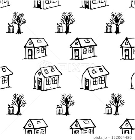 Hand-drawn neighborhood pattern featuring houses, trees, and waste bins in black and white Hand-drawn neighborhood pattern featuring houses, trees, and waste bins in black and white 132064480