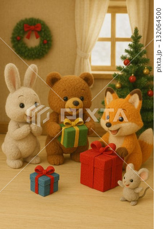 クリスマスプレゼントを喜ぶ動物たち クリスマスプレゼントを喜ぶ動物たち 132064500