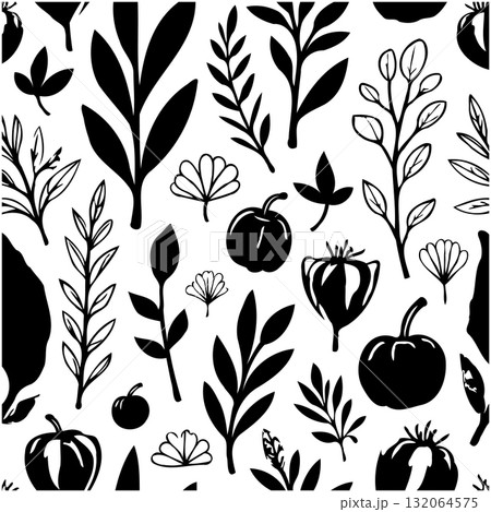 Elegant Black and White Botanical Pattern with Leaves and Berries Illustration Elegant Black and White Botanical Pattern with Leaves and Berries Illustration 132064575