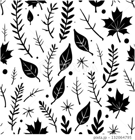 Black and white seamless pattern with leaves and branches autumnal vector Black and white seamless pattern with leaves and branches autumnal vector 132064795