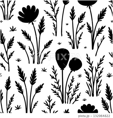 Elegant Black and White Floral Silhouette Pattern for Textile and Background Design 132064822