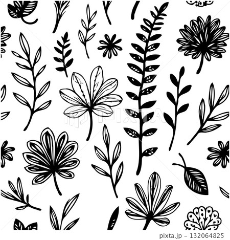 Elegant Seamless Pattern: Hand-Drawn Floral and Botanical Elements in Black and White Elegant Seamless Pattern: Hand-Drawn Floral and Botanical Elements in Black and White 132064825