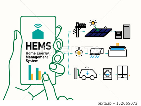 HEMS スマートハウス｜電力見える化の住宅のイラスト、ベクター 132065072