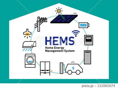 HEMS スマートハウス｜電力見える化の住宅のイラスト、ベクター 132065074