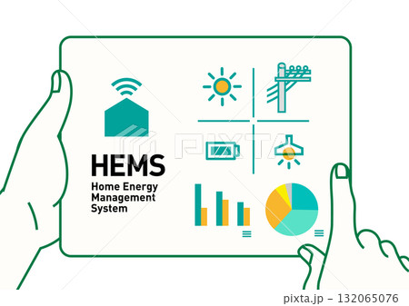 HEMS スマートハウス｜電力見える化の住宅のイラスト、ベクター 132065076