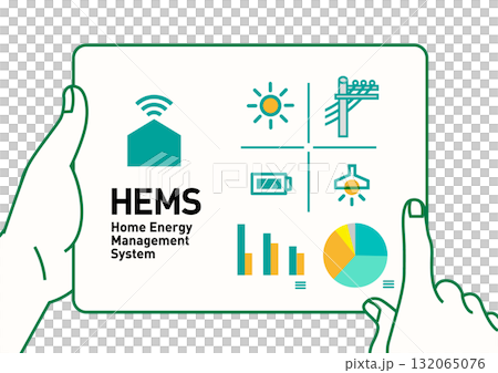 HEMS スマートハウス｜電力見える化の住宅のイラスト、ベクター 132065076