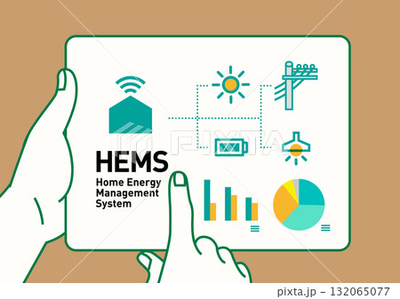 HEMS スマートハウス｜電力見える化の住宅のイラスト、ベクター 132065077