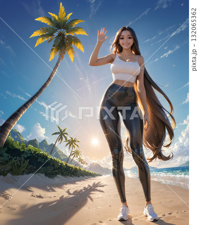 南国の浜辺の夕日を背に手を振るロングヘアで高頭身の女性 132065362