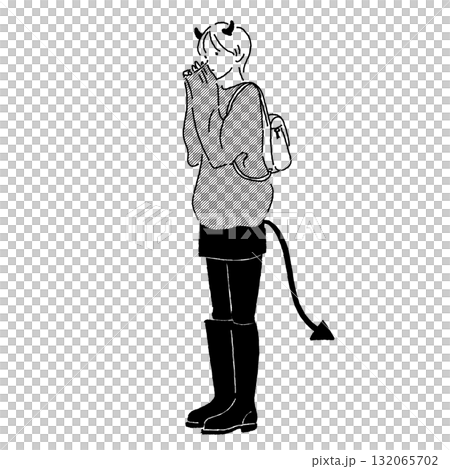 一個打扮成小惡魔的女孩的線條畫插圖 132065702