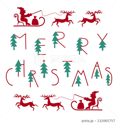 Merry Christmas greeting card. Santa in sleigh with deer and congratulation text. Modern festive vector illustration 132065757