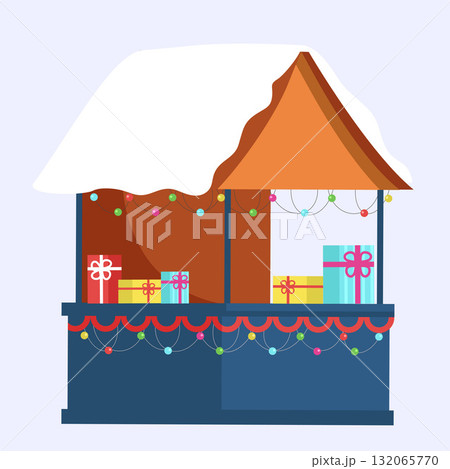 Christmas market stall with snow-covered roof. December fair. Decorated with string lights, gift boxes, and festive garlands. Outdoor holiday shops. Cartoon vector illustration Christmas market stall with snow-covered roof. December fair. Decorated with string lights, gift boxes, and festive garlands. Outdoor holiday shops. Cartoon vector illustration 132065770