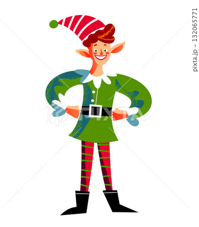 Christmas elf with red striped leggings and green tunic. Cheerful character smiling confidently with hands on hips, wearing red and white striped hat with green pompom. Holiday vector illustration Christmas elf with red striped leggings and green tunic. Cheerful character smiling confidently with hands on hips, wearing red and white striped hat with green pompom. Holiday vector illustration 132065771