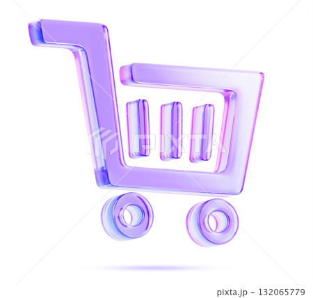 Holographic glass supermarket cart 3d icon render. Crystal shop trolley with purple neon gradient for goods, retail shopping online, add to cart logo, website or app design element. 3D illustration 132065779
