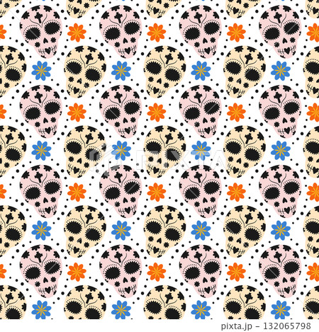 Multicolored Sugar Skulls with Flowers and Dots Seamless Pattern Mexican Celebrations Backdrop idea 132065798