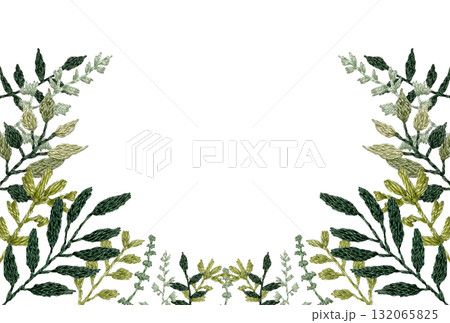 【春夏色の葉っぱの飾り枠】手刺繍イラスト素材 132065825