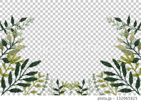 【春夏色の葉っぱの飾り枠】手刺繍イラスト素材 132065825
