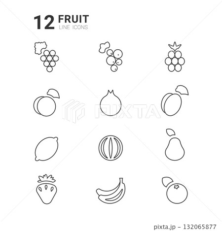 This creative graphic features twelve line icons representing different fruits in a minimalist style. Each icon is carefully designed to showcase the unique shapes of popular fruits. This creative graphic features twelve line icons representing different fruits in a minimalist style. Each icon is carefully designed to showcase the unique shapes of popular fruits. 132065877