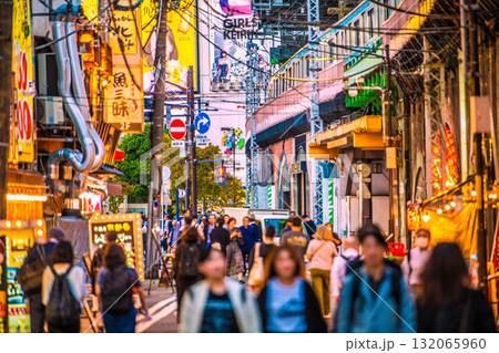 日本の東京都市景観10月17日。新橋駅 烏森口(画面奥)や高架下の飲み屋街、電車などを望む 132065960