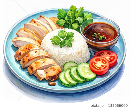 水色のお皿にのったカオマンガイの水彩風イラスト 水色のお皿にのったカオマンガイの水彩風イラスト 132066069