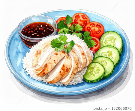 水色のお皿にのったカオマンガイの水彩風イラスト 水色のお皿にのったカオマンガイの水彩風イラスト 132066070