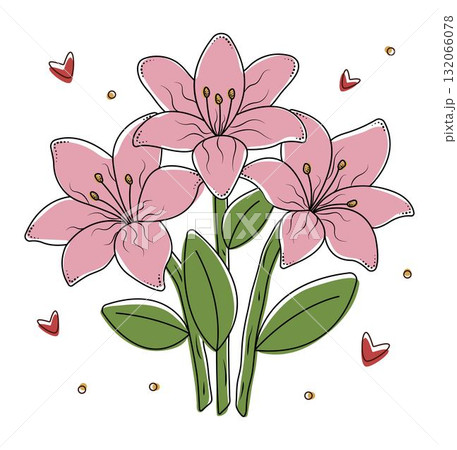 Three pink lilies with black contour, vector lily bouquet with hearts and dots, flowers in minimal boho style Three pink lilies with black contour, vector lily bouquet with hearts and dots, flowers in minimal boho style 132066078