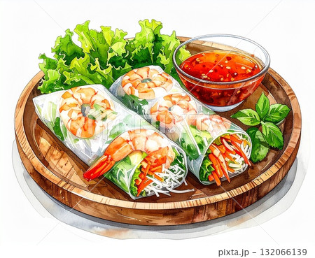 木のお皿にのった生春巻きの水彩風イラスト 木のお皿にのった生春巻きの水彩風イラスト 132066139