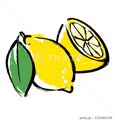 葉のついたレモンと半分にカットしたレモンのイメージイラスト 132066199