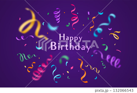 Birthday vector background with colorful confetti and serpentine ribbons isolated on dark backdrop at the center. Greeting text sign. Festive illustration in flat modern simple style 132066543