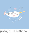 Cute Narwhal Illustration, Nordic Dreams Poster, Scandinavian Sea Animal Design on Blue Background 132066749